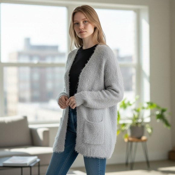 Free People Sweaters - Free‎ People Fuzzy Cardigan Sweater Light Gray Open Pockets Womens Size Small